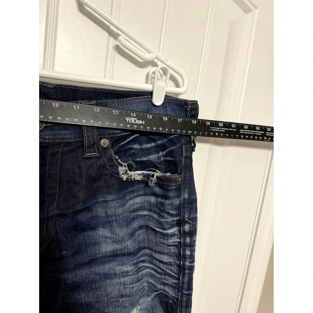 True Religion Jeans Mens 34 Ricky Relaxed Straight Distressed Dark Wash EUC
